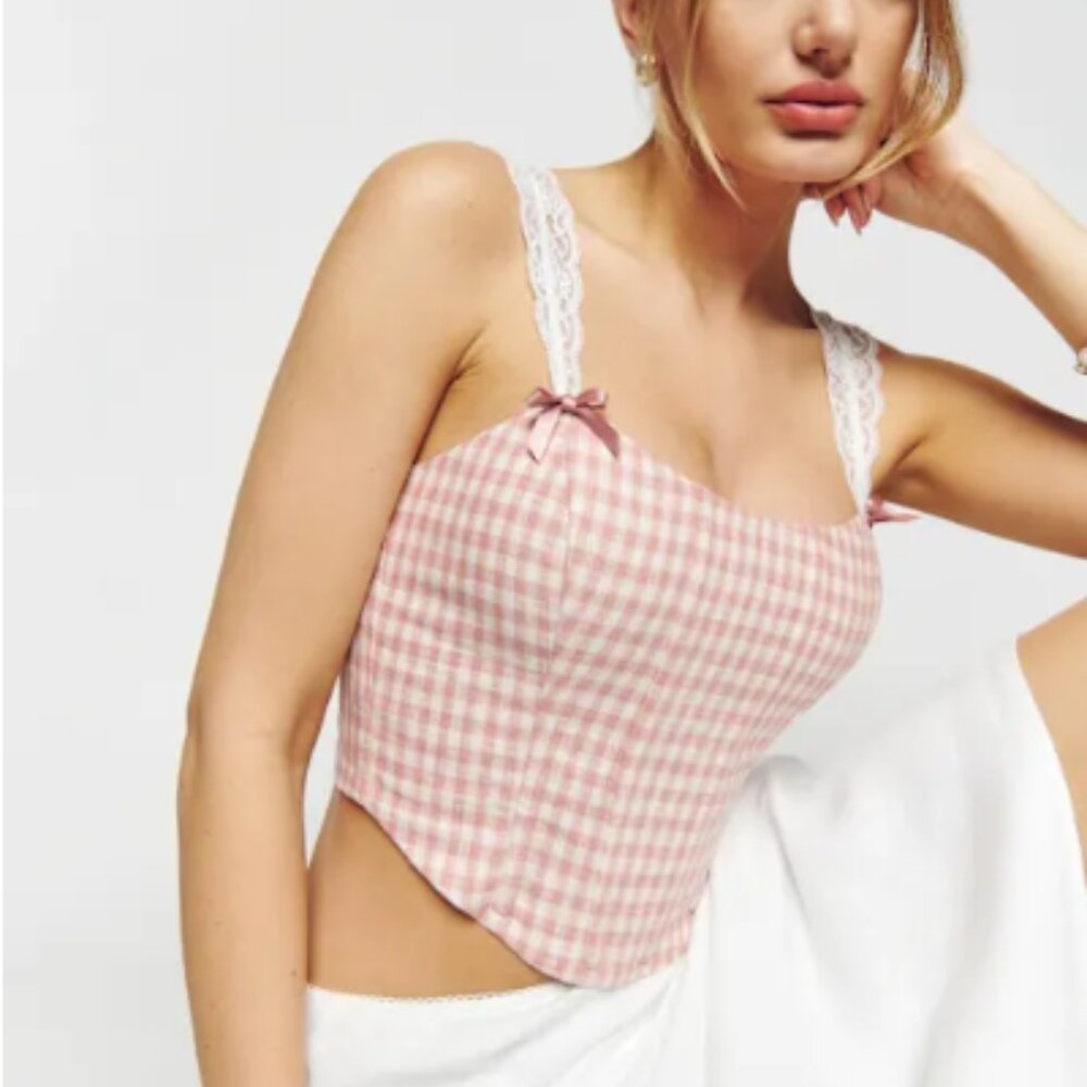 Reformation Brigitta Linen Top Blush Check - Size 6